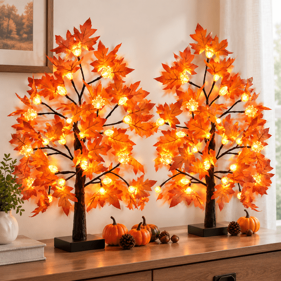 2 Pack 24 Inch Fall Maple Tree Decor with 48 LED Lights, Pumpkin Acorn Thanksgiving Table Home Indoor Decoration