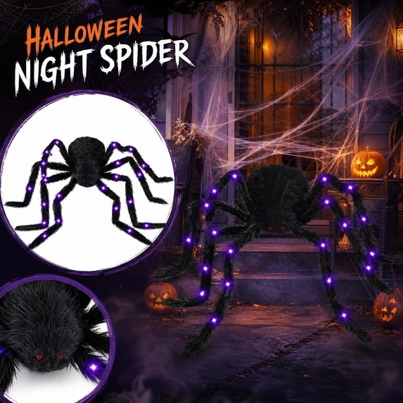 2 Pack 24 Inch Led Lighted Fluffy Halloween Spiders, Scary Halloween Decorations Outdoor, Large Outdoor Halloween Decorations, Halloween Yard Decorations Outdoor, Outdoor
