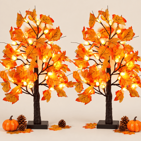 2 Pack 24 Inch Lighted Maple Trees with 48 LEDs & Timer, Fall Decorations for Home, Battery Operated Artificial Autumn Tabletop Tree with Acorns Maple