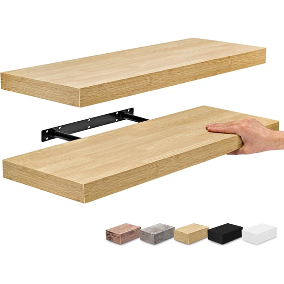 2 Pack 24 Inch Maple Wood Floating Wall Shelves, Matte Finish Invisible Bracket Wall Mount Storage Shelf for Bathroom Bedroom Kitchen Living Room Home Decor Book Display