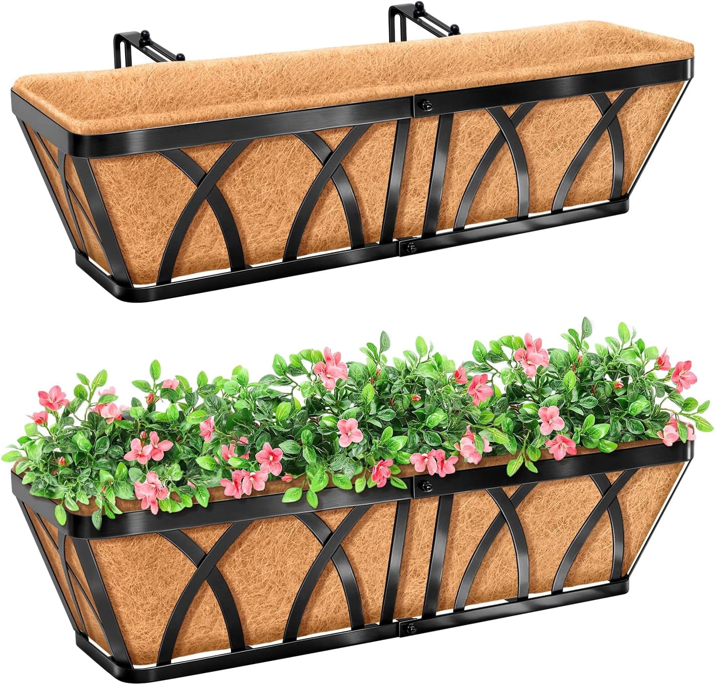 Partial Sun Railing Box 2 Pack 24 Inch Metal Railing Planter Window Box with Coco Liner ...