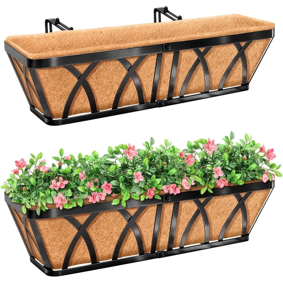 2 Pack 24 Inch Metal Railing Planter Window Box with Coco Liner- Adjustable Flower Boxes for Railings, Hanging Rail Planters Deck, Balcony, Porch, Fence, Indoor Outdoor Plants