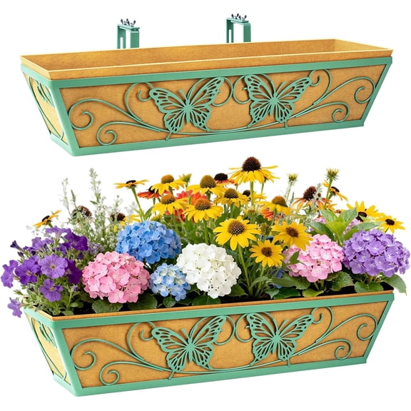 2 Pack 24 Inch Railing Planter Boxes Window Box Planters with Liner | Adjustable Bracket, Heavy Duty Hanging Basket, Metal Butterfly Decor, Retain Moisture Liner, Vibrant Spring Green