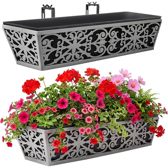 2 Pack 24 Inch Window Boxes Planter for Outdoor Plants Deck Railing Planters Box with Adjustable Brackets Porch Fence Balcony Hanging Flower Baskets Non-Woven Fabric Liner Garden Decor