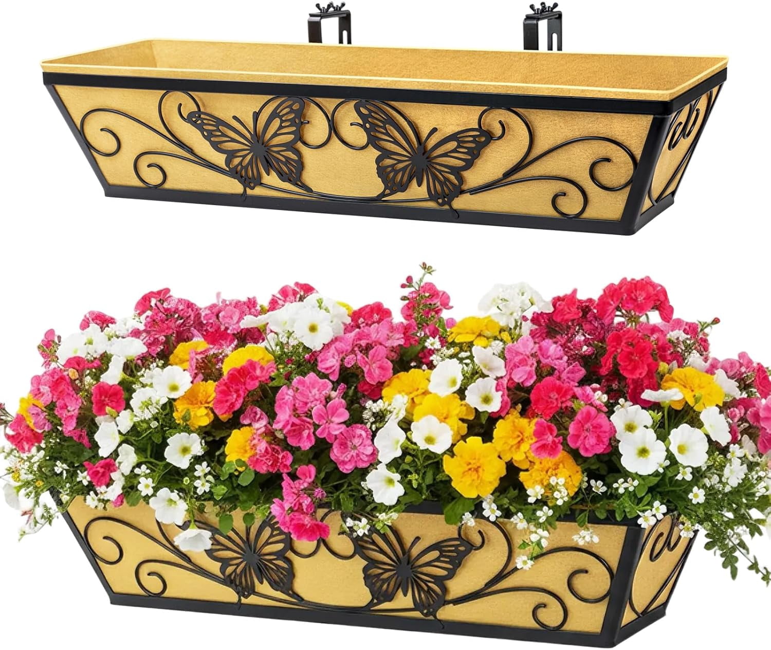 2 Pack 24 Inch Window Boxes Planter Railing Planters Box with Adjustable Brackets for Porch Deck Balcony Hanging Butterfly Decorative Flower Baskets & Non-Woven Fabric Liner for Outdoor Plants -Black