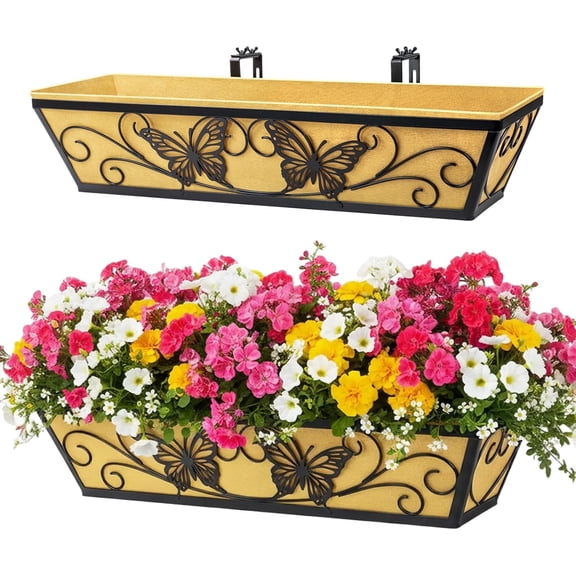 2 Pack 24 Inch Window Boxes Planter Railing Planters Box with Adjustable Brackets for Porch Deck Balcony Hanging Butterfly Decorative Flower Baskets & Non-Woven Fabric Liner for Outdoor Plants -Black