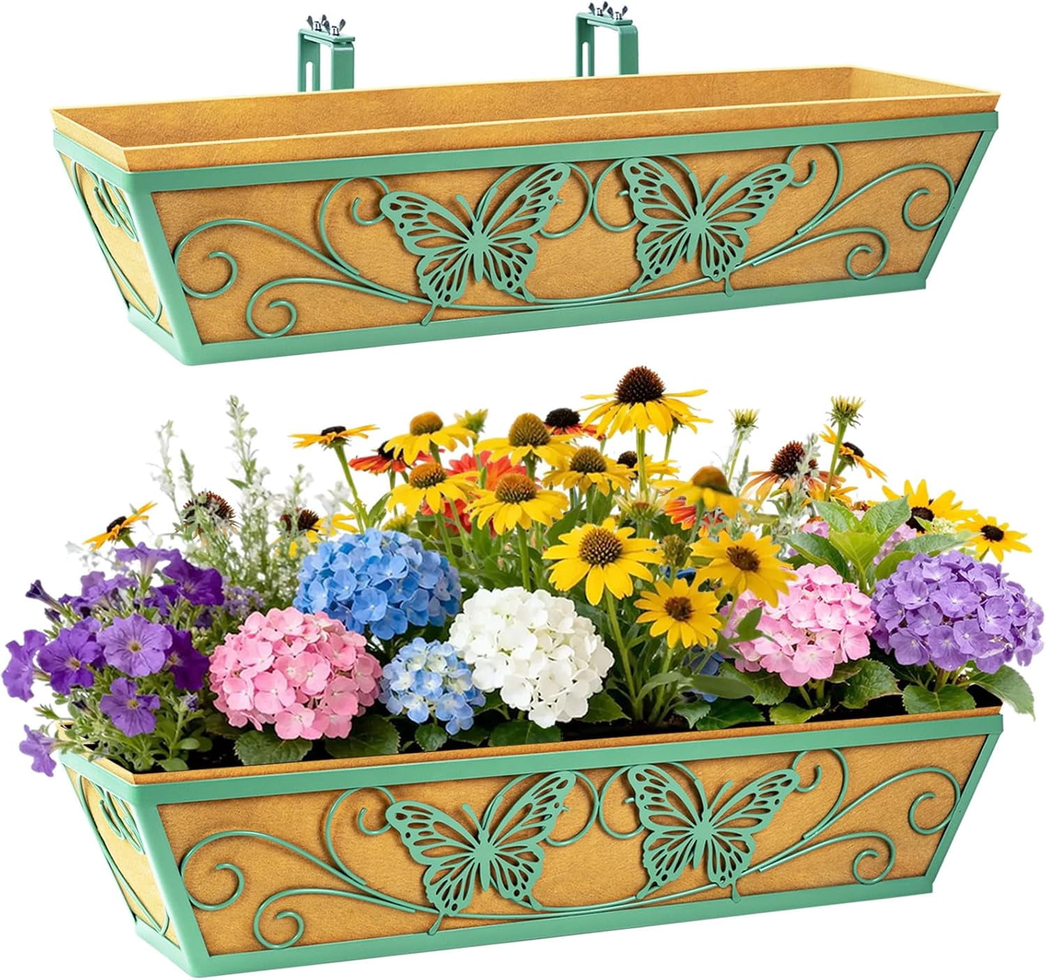 2 Pack 24 Inch Window Boxes Planter Railing Planters Box with Adjustable Brackets for Porch Deck Balcony Hanging Butterfly Decorative Flower Baskets & Non-Woven Fabric Liner for Outdoor Plants -Green
