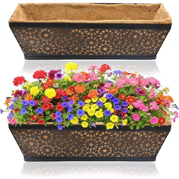 2 Pack 24 Inch Window Boxes Planters with Coco Coir Liner Metal Hanging Flower Planter Window Basket Deck Railing Planter Boxes for Outdoor Indoor Lawn