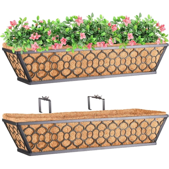 2 Pack 24 Inch Window Boxes Planters with Coco Liner, Metal Deck Railing Planter Boxes, Balcony Hanging, Horse Trough Flower for Outdoor Porch Fence Patio