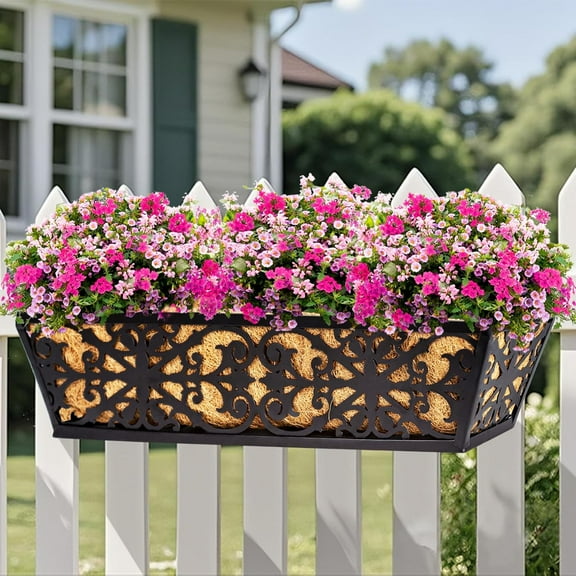 2 Pack 24 Inch Window Boxes Planters -  Metal Railing Planter Box with Adjustable  & Coco Liners for Outdoor Plants