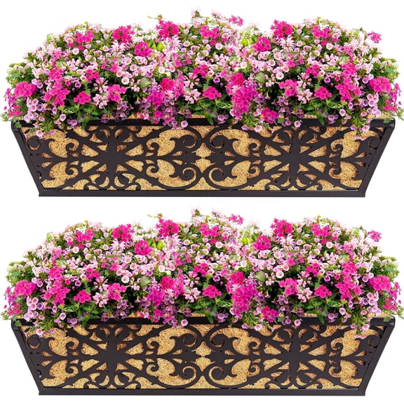 2 Pack 24 Inch Window Boxes Planters Railing Planter Box with Adjustable Brackets & Coco Liners Fabric Plant Grow Bags Deck Balcony Hanging Flower for Outdoor Plants