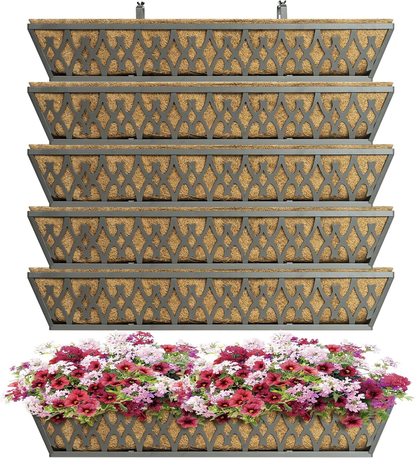 2 Pack 24 Inch Window Boxes Planters Railing Planter Box with Adjustable Brackets for Porch Fence Patio Balcony Hanging Flower Baskets with Coco Liners for Outdoor Garden Décor - Black