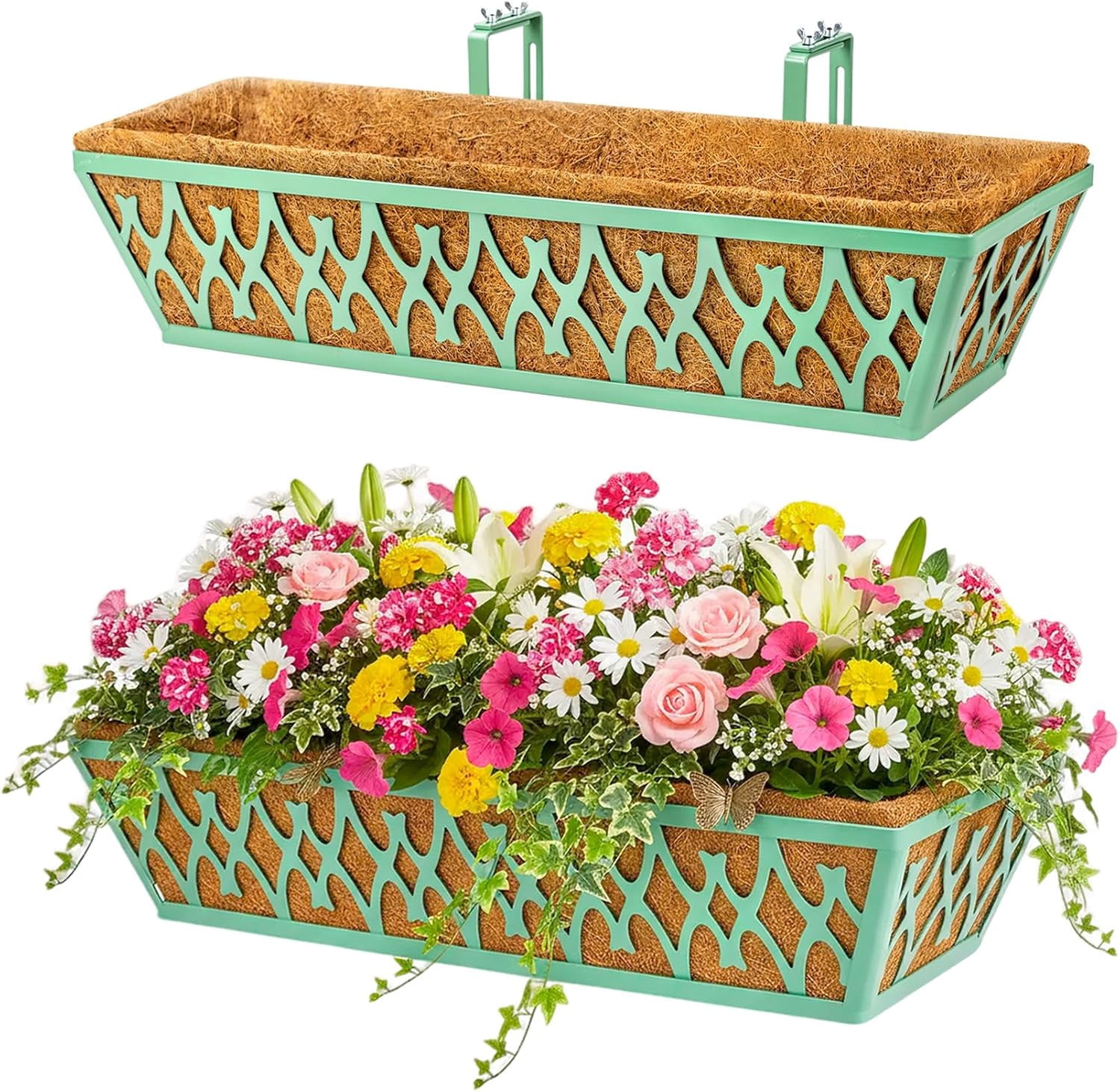 2 Pack 24 Inch Window Boxes Planters Railing Planter Box with Adjustable Brackets for Porch Fence Patio Balcony Hanging Flower Baskets with Coco Liners for Outdoor Garden Décor - Black