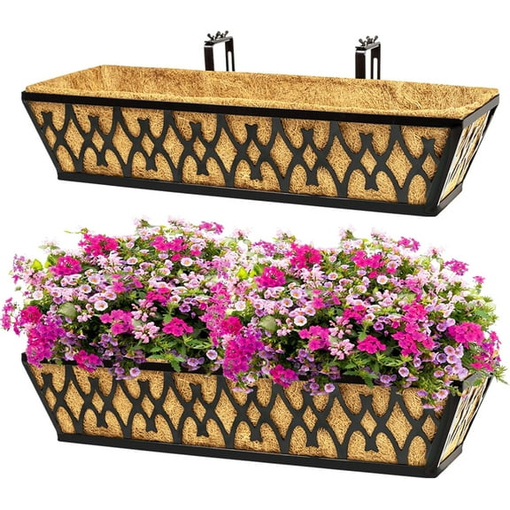 2 Pack 24 Inch Window Boxes Planters Railing Planter Box with Adjustable Brackets for Porch Fence Patio Balcony Hanging Flower Baskets with Coco Liners for Outdoor Garden Décor - Black