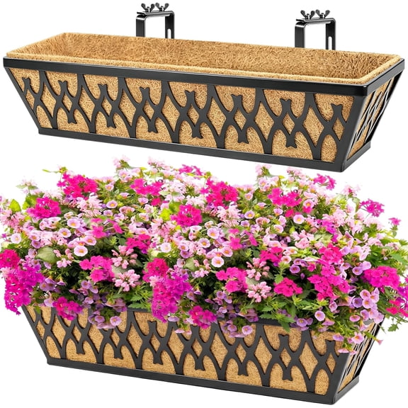 2 Pack 24 Inch Window Boxes Planters Railing Planter Box with Adjustable Brackets for Porch Fence Patio Balcony Hanging Flower Baskets Coco Liners Outdoor Garden Dcor - Black