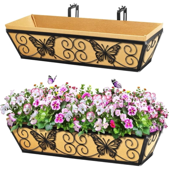 2 Pack 24 Inch Window Boxes Planters Railing Planter Box with Adjustable Brackets for Porch Fence Patio Balcony Hanging Flower Baskets with Woven Fabric for Outdoor Garden Decor - Black