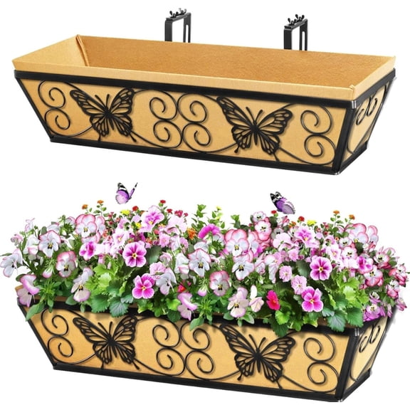 2 Pack 24 Inch Window Boxes Planters Railing Planter Box with Adjustable Brackets for Porch Fence Patio Balcony Hanging Flower Baskets with Woven Fabric for Outdoor Garden Decor - Black