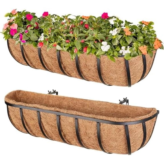 2 Pack 24 Inch Window Boxes Railing Planter Box with Coconut Liner, Balcony Railing Planter Horse Trough Deck Window Planters, Metal Railing Hanging Flower Baskets for Outdoor Porch Fence Patio