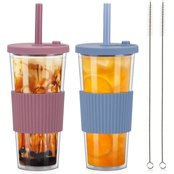 2 Pack 24 Oz Reusable Tea/Coffee Cups, Iced Coffee Cup with Straw and Lid, Leakproof Clear Plastic Cups Tumbler, Double Wall Insulated Smoothie Tumbler, Wide Straw for Bubble Tea, Pink & Blue