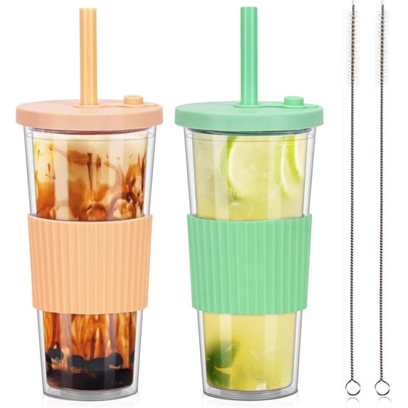 2 Pack 24 Oz Reusable Tea/Coffee Cups, Iced Coffee Cup with Straw and Lid, Leakproof Clear Plastic Cups Tumbler, Double Wall Insulated Smoothie Tumbler, Wide Straw for Bubble Tea, Green & Orange
