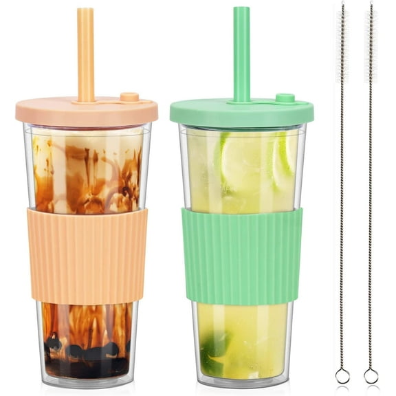 2 Pack 24 Oz Reusable Tea/Coffee Cups, Iced Coffee Cup with Straw and Lid, Leakproof Clear Plastic Cups Tumbler, Double Wall Insulated Smoothie Tumbler, Wide Straw for Bubble Tea, Green & Orange