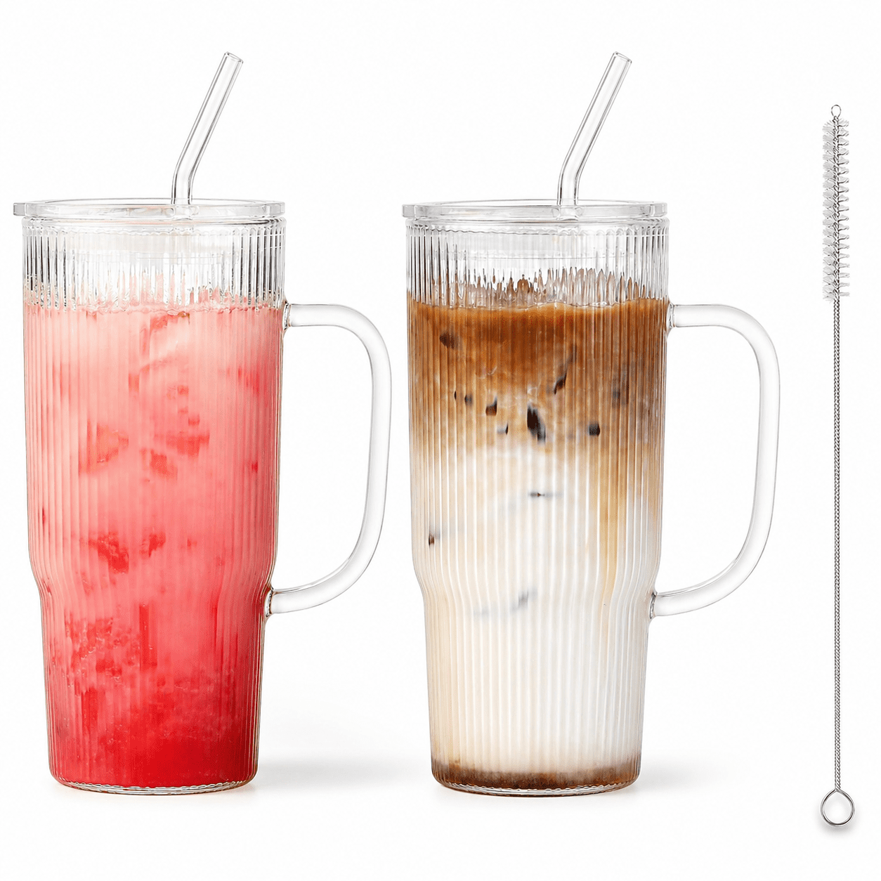 2 Pack Ribbed Glass Tumblers with Handle, Lid and Glass Straw, 24oz/700 ml  Clear Iced Coffee Cups, Large Ripple Drinking Glasses for Smoothies, Tea,  ...