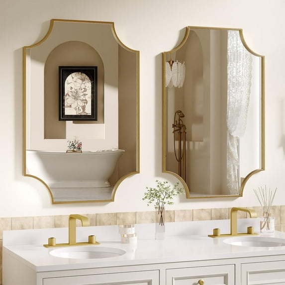 2-Pack 24"x36" Gold Bathroom Mirrors for Over Sink, Rectangular Vanity Wall Mirrors with HD Glass & Rustproof Metal Frame, Art Deco Scalloped Corner