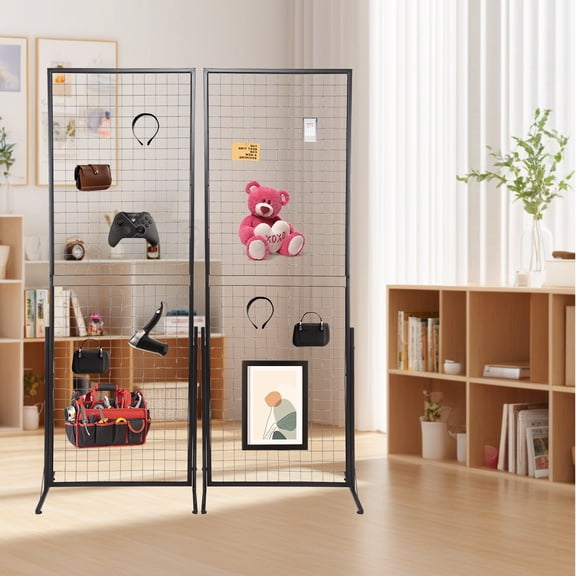 2-Pack 24"x67" Commercial Grid Wall Display - T-Base Stand Double-Sided Wire Panel with Hooks & Clips