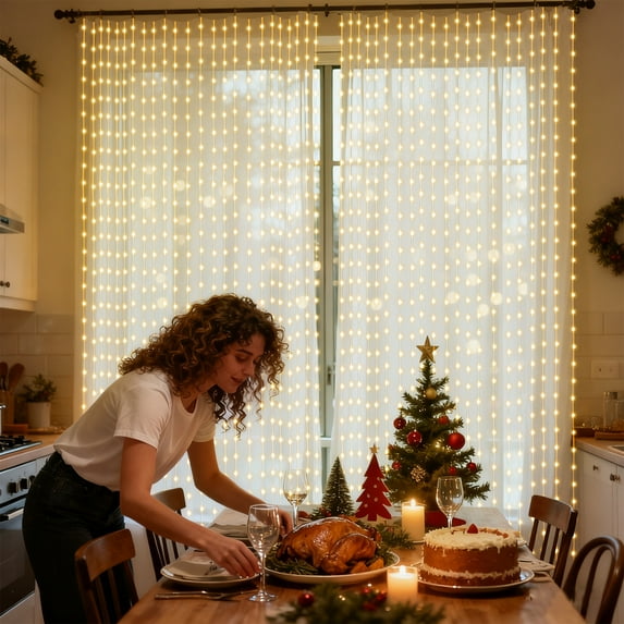 2 Pack,2400 LED Christmas Curtain Lights For Windows Indoor Outdoor,10ft X 10ft Warm White Curtain String Lights,120V Plug In,8 Modes Long Icicle Lights,Timer,Hanging Backdrop Lights