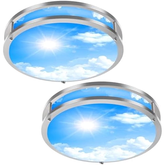2 Pack 24W LED Ceiling Lights for Office Hallway Bedroom, 12 Inch Dimmable Flush Mount LED Ceiling Light Fixture, 6500K/5000K/4000K/3500K/3000K Adjusted Modern Lamps (Cloud Blue Sky Cover)