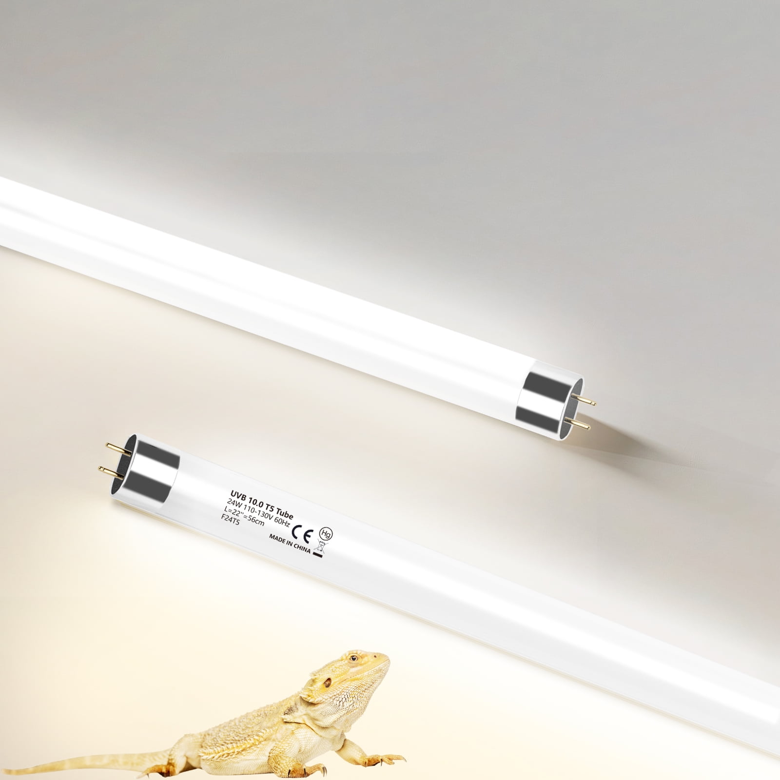 2 Pack 24W T5 UVB Reptile Light Bulb, 10.0 UVB Fluorescent Lamp Tube for Bearded Dragons, Turtles, Chameleons & Other Reptiles - Promotes Vitamin D3, Desert/Tropical Terrarium Lighting