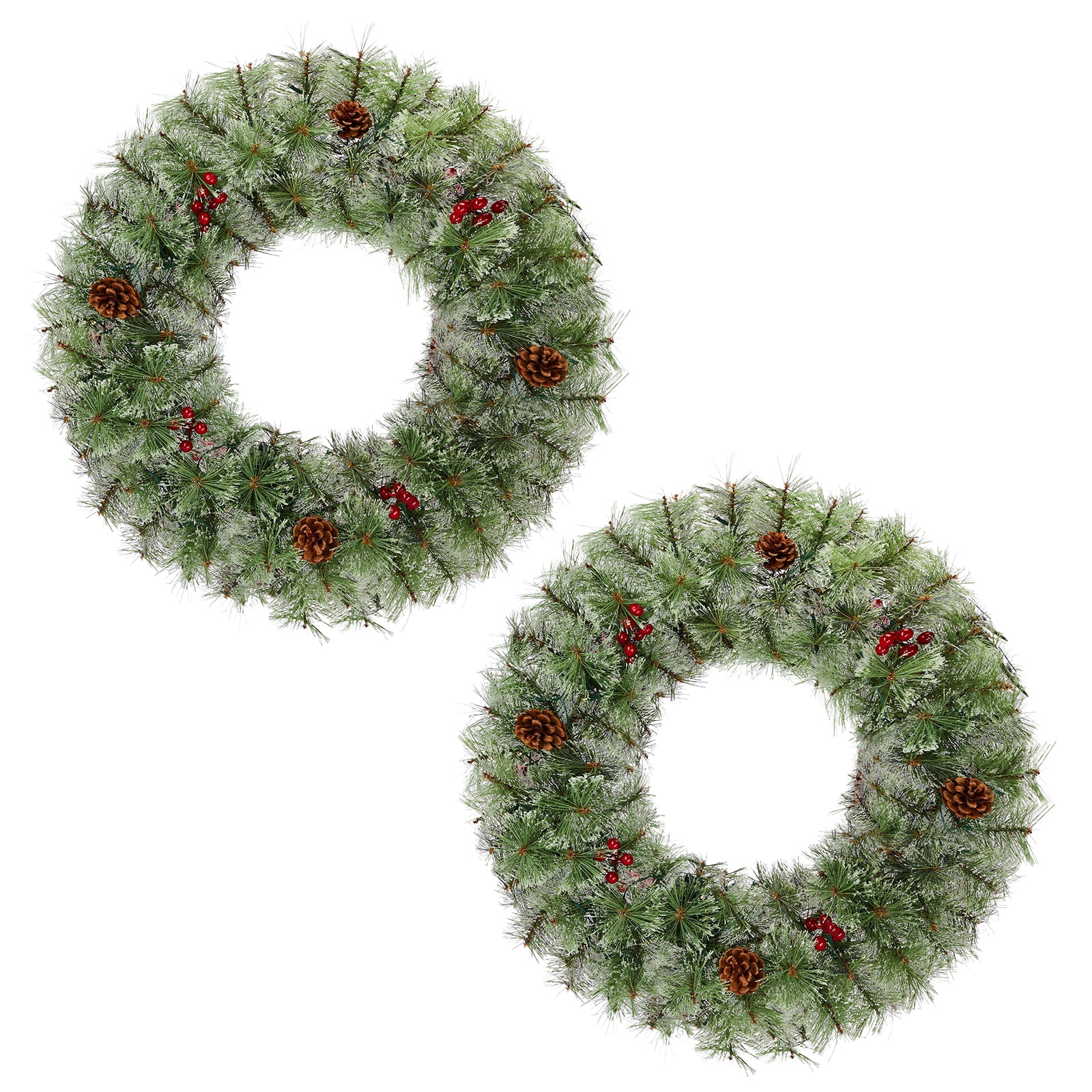 2 Pack 24in Pre-lit Christmas Wreath, Lighted Artificial Xmas Wreath with 100 Warm Lights and 150 Tips and Red Berries Pine Cones, for Front Door Gate Wall Xmas Party Decorations