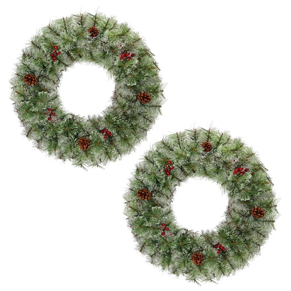 2 Pack 24in Pre-lit Christmas Wreath, Lighted Artificial Xmas Wreath with 100 Warm Lights and 150 Tips and Red Berries Pine Cones, for Front Door Gate Wall Xmas Party Decorations