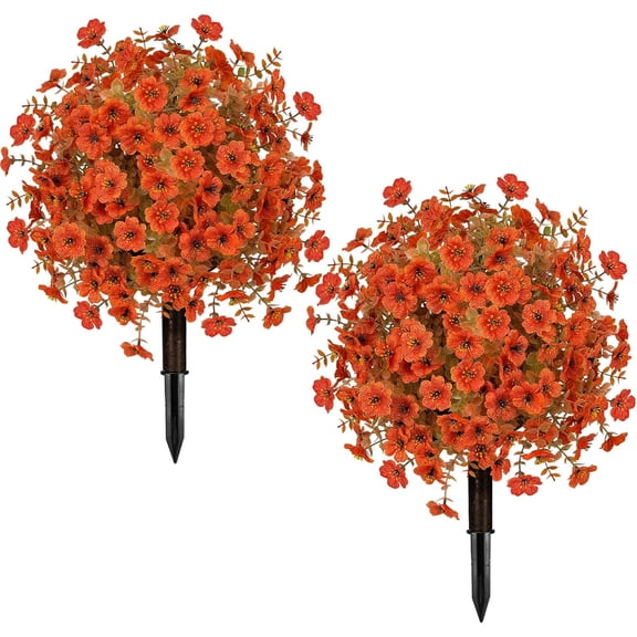 2-Pack 25.6" Artificial Boxwood Topiary Ball Trees with Ground Spike, UV Resistant Fake Bushes Plants with Fall Camellia Flowers,Faux Outdoor Shrubs & Bushes for Front Yard Decor (Fall Orange, 2Pcs)