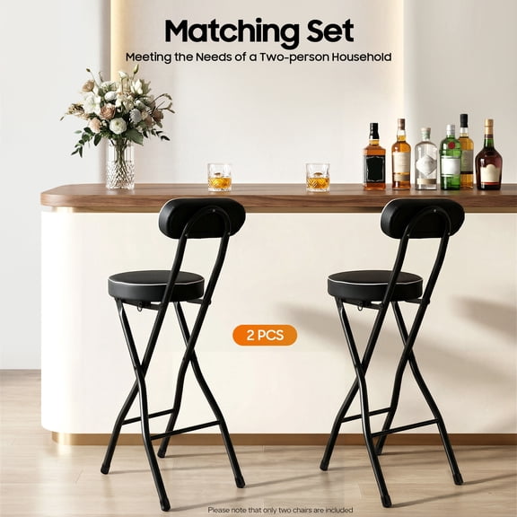 2 Pack 25.6 Inch Height Folding Counter Stool with Backrest, Padded Round Seat for Bar Kitchen and Entertainment Space Seating Use