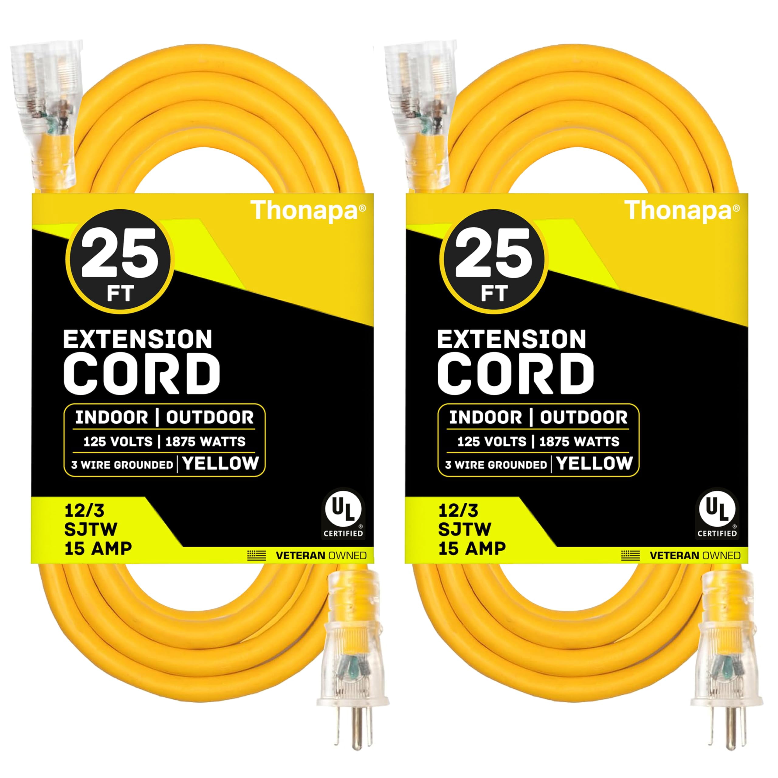 Thonapa 2 Pack Lighted Outdoor Extension Cord 25 ft - 12 Gauge 15 Amp Heavy Duty Power Extension Cords - SJTW - Great for Major Appliances, Power Tools, Garden Supplies - Yellow