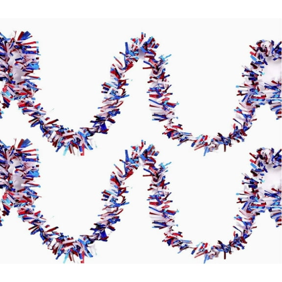 2 Pack 25 Ft Patriotic Tinsel Garland Red White and Blue Decorations 4th of July Hanging Garland Independence Day Fireplace Mantel Wreath Decor for Indoor Outdoor Ornaments