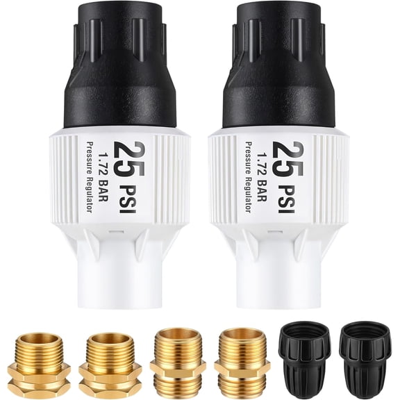 2 Pack 25 PSI Drip Irrigation Pressure Regulator Kit With Water Backflow Preventer for 3/4'' Garden/Faucet Hose Thread and 1/2'' Tubing Adapter, Complete System