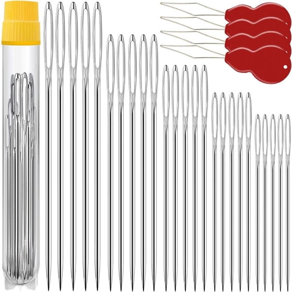 2 Pack 25 Pcs Large Eye Stitching Needles - 5 Sizes Big Eye Hand Sewing Needles with  Clear Storage Tube and 2 Threaders for Stitching, Sewing and Crafting