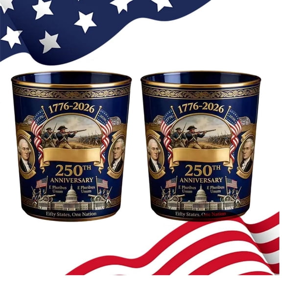 2 Pack 250th Anniversary Whiskey Glasses, 1776-2026 Patriotic Old Fashioned Glass Set, Founding Fathers Artwork, Gift for Dad Veterans