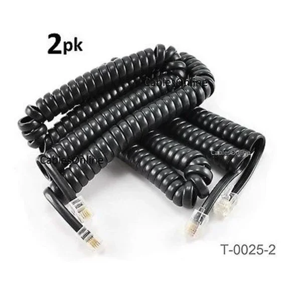 2-Pack 25Ft 4P4C Black Replacement Coiled Handset Telephone Cord - T-0025-2