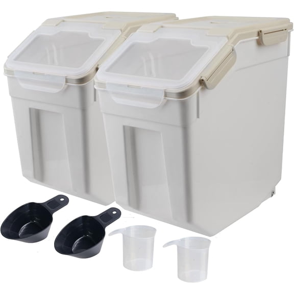 2 Pack 25LB Airtight Rice & Flour Storage Container, 15L BPA-Free Grain Storage Bin with 6 Lock Buckles, Silicone Seal, Rolling Wheels & Transparent Flip Lid for Dry Food and Pet Food