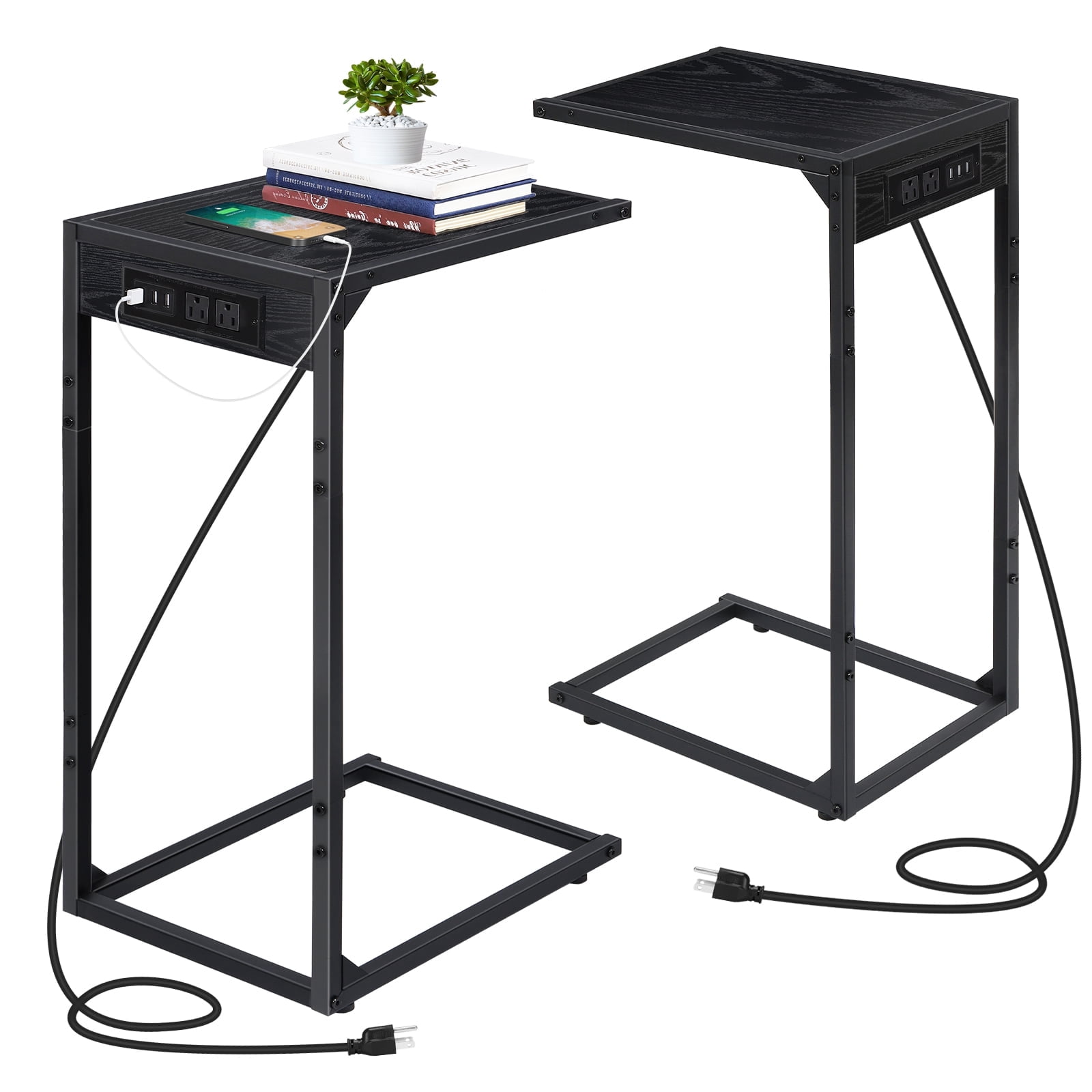 Table With Built In Outlet 2-Pack 26.7in C-Shape Side Tables with Built-In Power Strip (Black ...