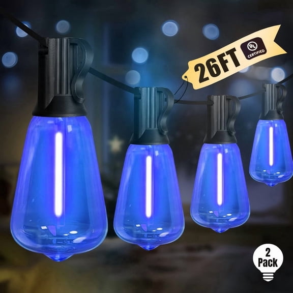2-Pack 26FT Blue ST38 Patio String Lights, Shatterproof LED Edison Bulbs, Connectable for Outdoor Party, Bistro & Christmas Decor