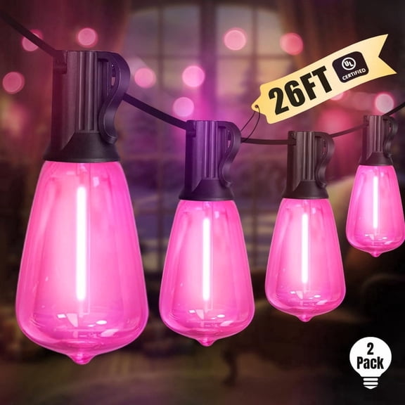 2-Pack 26FT Pink ST38 Patio String Lights, Waterproof Shatterproof Connectable LED Lights, Perfect for Wedding, Holiday, Backyard and Porch Decor