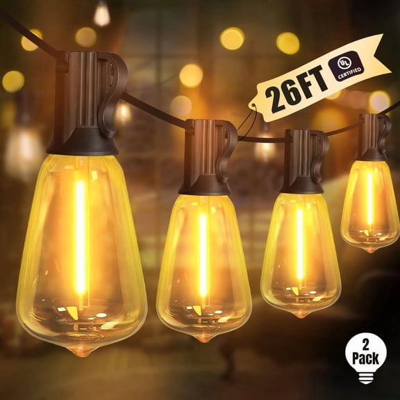 2-Pack 26FT Waterproof Connectable String Lights, 12+1 ST38 Shatterproof LED Bulbs, Outdoor Hanging Lights for Backyard, Deck and Holiday Decor