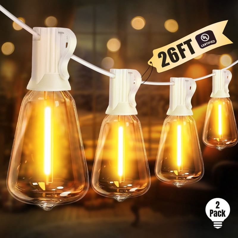 2-Pack 26FT Waterproof Outdoor String Lights, Connectable Patio Lighting with 12+1 Shatterproof ST38 Edison LED Bulbs, Ideal for Yard, Garden, Porch & Party Decor
