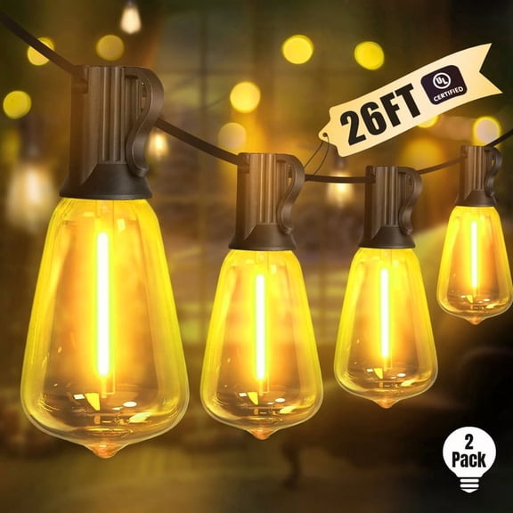 2-Pack 26FT Yellow ST38 Patio String Lights, Waterproof Connectable Shatterproof LED Lights, for Backyard, Porch, Party & Christmas Decor