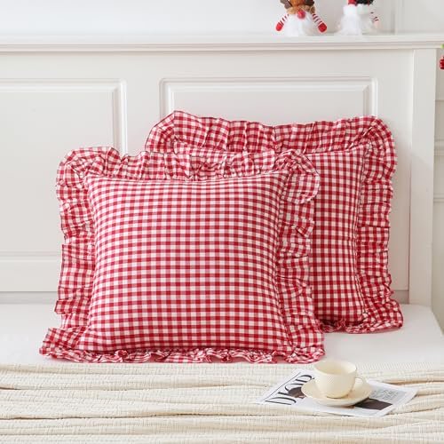 2 Pack 26x26 inches Red/White Gingham Pillow Cover 100% Washed Cotton Ruffled Pillowcase Farmhouse Checkered Pillow Covers for Bed Livingroom