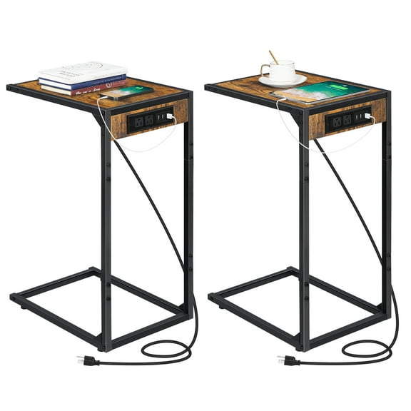 2-Pack 27.6in C-Shape Power Strip Side Tables (Brown) – Built-In AC Outlets & USB Ports for Sofa/Bedroom (50LBS Capacity)